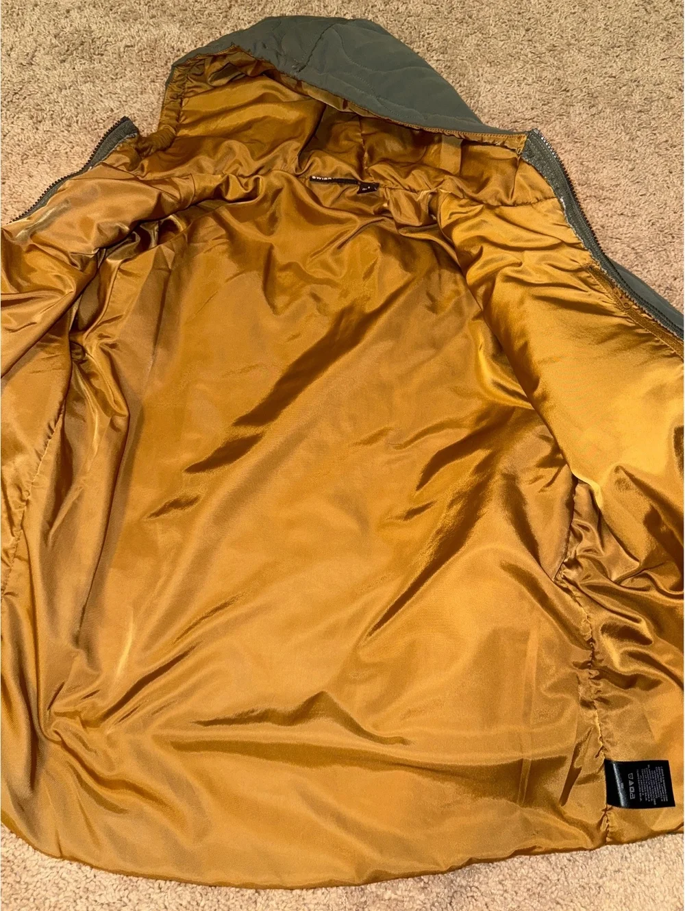 Swiss Tech Quilted Hooded Jacket with Gold Satin Lining, Size Small